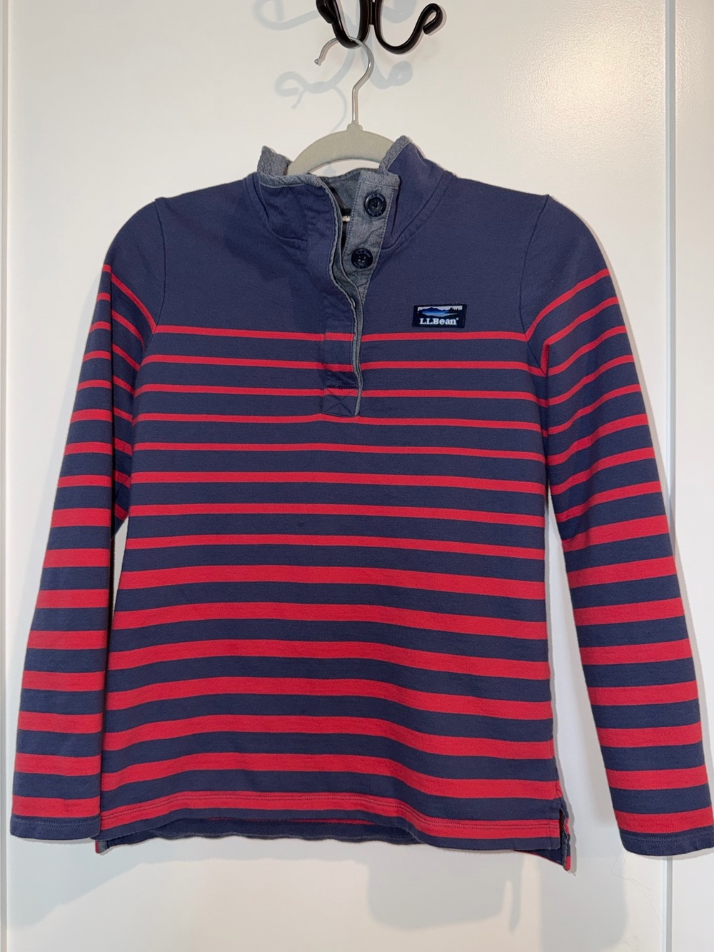 LL Bean Blue & Red Striped Pullover Henley Sweater 100% cotton size XS